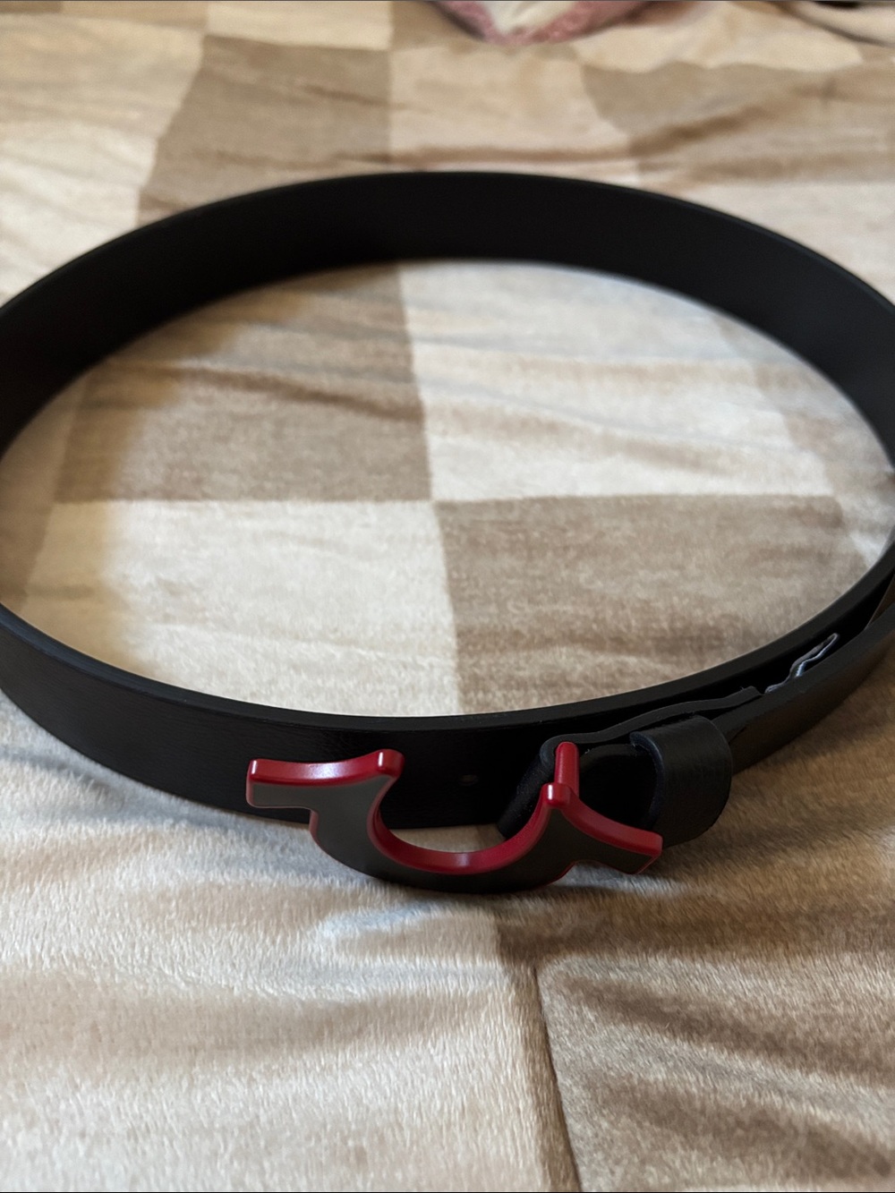 Black Men's True Religion Leather Belt with Red Accent Buckle